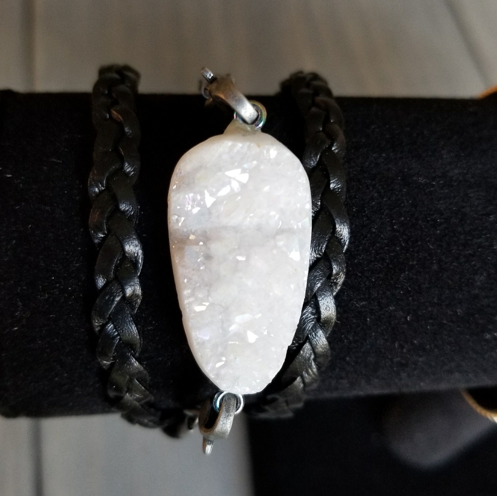 Black Leather Geode Wrap Bracelet